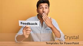  Presentation with evaluation - Audience pleasing slide set consisting of young-handsome-man-holding-feedback backdrop and a coral colored foreground