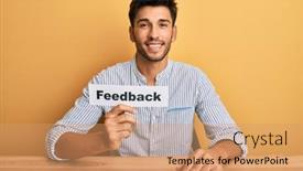  Presentation with evaluation - Cool new slide deck with young-handsome-man-holding-feedback backdrop and a coral colored foreground