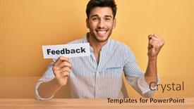  Presentation with evaluation - Slides enhanced with young-handsome-man-holding-feedback background and a coral colored foreground