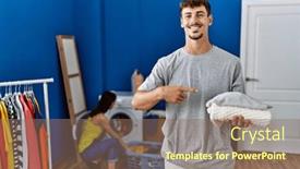  Presentation with laundry - Presentation design with young-handsome-man-holding-folded background and a violet colored foreground