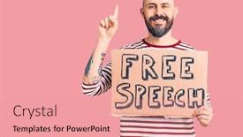  Presentation with free speech - Slide set consisting of young-handsome-man-holding-free background and a coral colored foreground