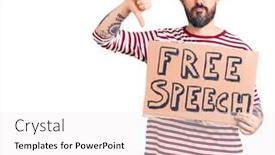 Presentation with free speech - Amazing PPT theme having young-handsome-man-holding-free backdrop and a white colored foreground