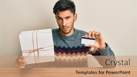  Presentation with credit card - Amazing slides having young-handsome-man-holding-gift backdrop and a coral colored foreground