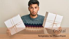  Presentation with gifts - PPT theme consisting of young-handsome-man-holding-gifts background and a coral colored foreground