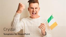  Presentation with ireland - Colorful slide set enhanced with young handsome man holding ireland irish flag over isolated white background annoyed and frustrated shouting with anger crazy and yelling with raised hand anger concept backdrop and a soft green colored foreground