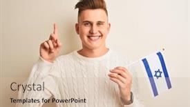  Presentation with israel flag - Slide set with young handsome man holding israel israeli flag over isolated white background surprised with an idea or question pointing finger with happy face number one background and a soft green colored foreground
