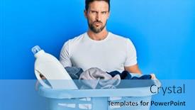  Presentation with laundry detergent - Audience pleasing theme consisting of young-handsome-man-holding-laundry backdrop and a light blue colored foreground