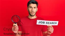  Presentation with job search - Colorful PPT theme enhanced with young-handsome-man-holding-magnifying backdrop and a crimson colored foreground