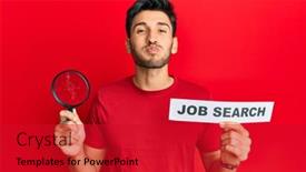  Presentation with job search - PPT layouts with young-handsome-man-holding-magnifying background and a crimson colored foreground