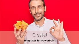  Presentation with potato chips - Colorful slide deck enhanced with young-handsome-man-holding-nachos backdrop and a coral colored foreground