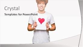  Presentation with paper - Beautiful slide deck featuring young handsome man holding paper with red heart with a happy face standing and smiling with a confident smile showing teeth backdrop and a white colored foreground