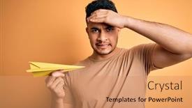 Presentation with yellow paper - Cool new PPT theme with young-handsome-man-holding-paper backdrop and a coral colored foreground