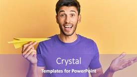  Presentation with paper - Cool new PPT theme with young-handsome-man-holding-paper backdrop and a violet colored foreground