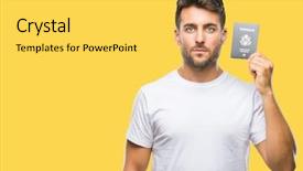  Presentation with united states - Cool new presentation theme with young handsome man holding passport backdrop and a yellow colored foreground