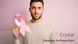  Presentation with pink ribbon - Audience pleasing slide deck consisting of young-handsome-man-holding-pink backdrop and a soft green colored foreground