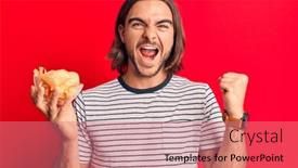  Presentation with chip - Cool new PPT theme with young-handsome-man-holding-potato backdrop and a coral colored foreground