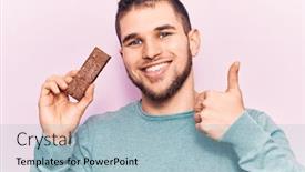  Presentation with protein bar - Cool new presentation theme with young-handsome-man-holding-protein backdrop and a light blue colored foreground
