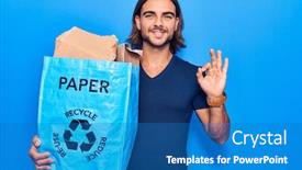  Presentation with recycling paper - Slide set having young-handsome-man-holding-recycling background and a teal colored foreground