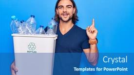  Presentation with plastic recycling - Colorful presentation theme enhanced with young-handsome-man-holding-recycling backdrop and a ocean colored foreground