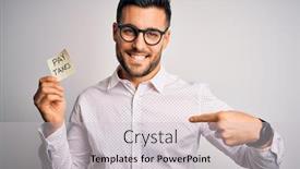  Presentation with pay - Slide deck with young-handsome-man-holding-reminder background and a light gray colored foreground