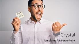  Presentation with taxes - Presentation theme featuring young-handsome-man-holding-reminder background and a light gray colored foreground