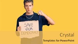  Presentation with democracy - Colorful presentation design enhanced with young-handsome-man-holding-save backdrop and a yellow colored foreground