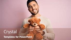  Presentation with teddy bear - Presentation design enhanced with young-handsome-man-holding-teddy background and a red colored foreground