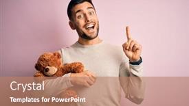  Presentation with teddy bear - PPT theme with young-handsome-man-holding-teddy background and a coral colored foreground