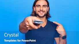  Presentation with television - Slide set enhanced with young-handsome-man-holding-television background and a ocean colored foreground