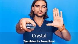  Presentation with television - Slides with young-handsome-man-holding-television background and a ocean colored foreground