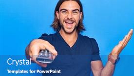  Presentation with television - Theme having young-handsome-man-holding-television background and a ocean colored foreground