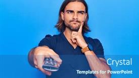  Presentation with television - Colorful slide set enhanced with young-handsome-man-holding-television backdrop and a ocean colored foreground