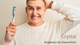  Presentation with tooth brush - Colorful slide set enhanced with young handsome man holding tooth brush standing over isolated white background stressed with hand on head shocked with shame and surprise face angry and frustrated fear and upset for mistake backdrop and a lemonade colored foreground