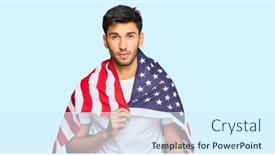 Presentation with united states flag - PPT layouts having young-handsome-man-holding-united background and a sky blue colored foreground