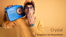  Presentation with vintage radio - PPT theme enhanced with young-handsome-man-holding-vintage background and a yellow colored foreground