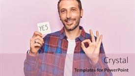  Presentation with yes - Cool new PPT layouts with young-handsome-man-holding-yes backdrop and a coral colored foreground