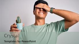  Presentation with hand holding plant - Presentation theme consisting of young-handsome-man-holding background and a light gray colored foreground