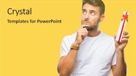  Presentation with giving - Cool new PPT layouts with young handsome man in love backdrop and a  colored foreground