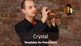  Presentation with trumpet - PPT theme with young handsome man in suit plays trumpet in studio with brick wall background and a tawny brown colored foreground
