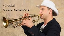  Presentation with trumpet - Beautiful slide set featuring young handsome man in white hat and jacket plays trumpet in studio backdrop and a coral colored foreground