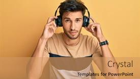  Presentation with music headphones - PPT layouts having young-handsome-man-listening background and a coral colored foreground