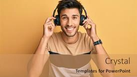  Presentation with music headphones - Colorful PPT theme enhanced with young-handsome-man-listening backdrop and a coral colored foreground