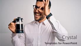  Presentation with press - Beautiful presentation theme featuring young-handsome-man-making-coffee backdrop and a light gray colored foreground