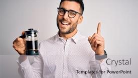  Presentation with press - Presentation theme consisting of young-handsome-man-making-coffee background and a light gray colored foreground