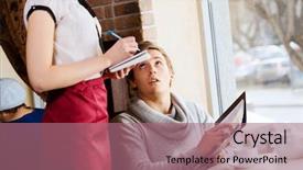  Presentation with order - Beautiful presentation theme featuring ordering - young handsome man making order backdrop and a coral colored foreground