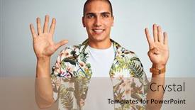  Presentation with hawaiian - Cool new PPT layouts with young handsome man on holidays wearing hawaiian shirt over white background showing and pointing up with fingers number nine while smiling confident and happy backdrop and a coral colored foreground