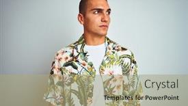  Presentation with hawaiian - Audience pleasing presentation consisting of young handsome man on holidays wearing hawaiian shirt over white background smiling looking to the side and staring away thinking backdrop and a mint green colored foreground