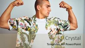 Presentation with hawaiian - Presentation design enhanced with young handsome man on holidays wearing hawaiian shirt over white background showing arms muscles smiling proud fitness concept background and a mint green colored foreground