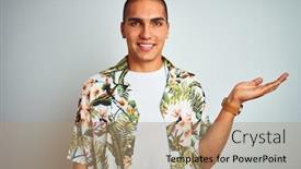  Presentation with hawaiian - Colorful presentation enhanced with young handsome man on holidays wearing hawaiian shirt over white background smiling cheerful presenting and pointing with palm of hand looking at the camera backdrop and a coral colored foreground