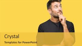  Presentation with question - Amazing presentation theme having young handsome man over isolated backdrop and a yellow colored foreground